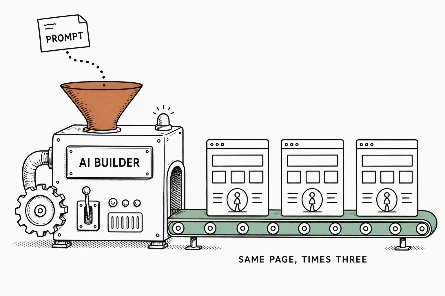 Illustration of a machine labeled AI BUILDER taking one prompt in and producing three nearly identical website pages out, each with the same centered headline and three-column grid