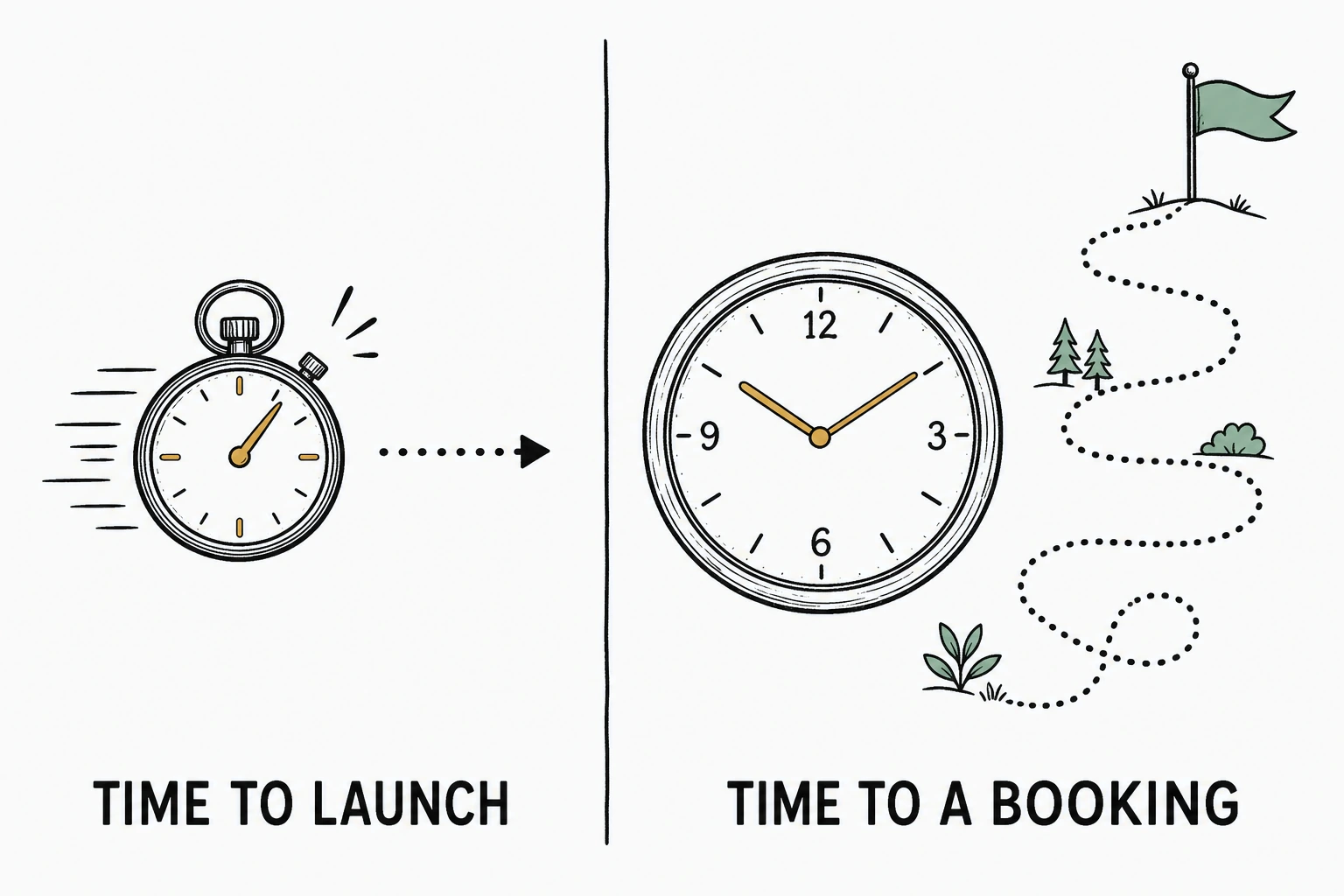 Split illustration comparing a fast stopwatch labeled TIME TO LAUNCH on the left against a slow winding path labeled TIME TO A BOOKING on the right, showing the gap between launching fast and converting