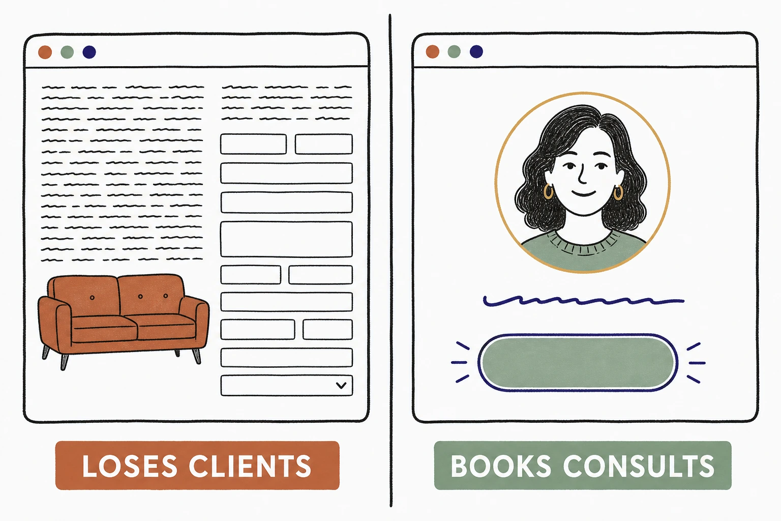 Split illustration comparing a therapist website that loses clients, with a stock beach photo and vague headline, against one that gets clients, with a real portrait, plain fees, and a safe first step button