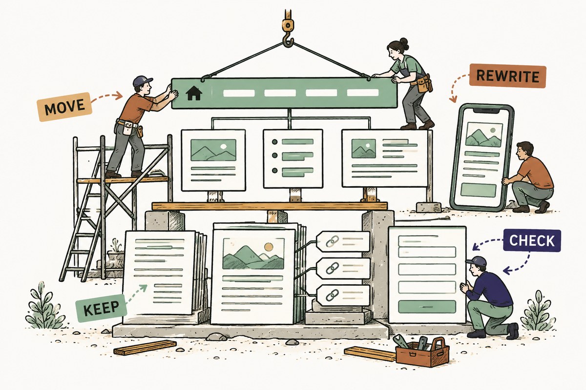 Existing website content and links remain anchored while new page structure, mobile presentation, forms, and technical work are layered around them during a redesign.
