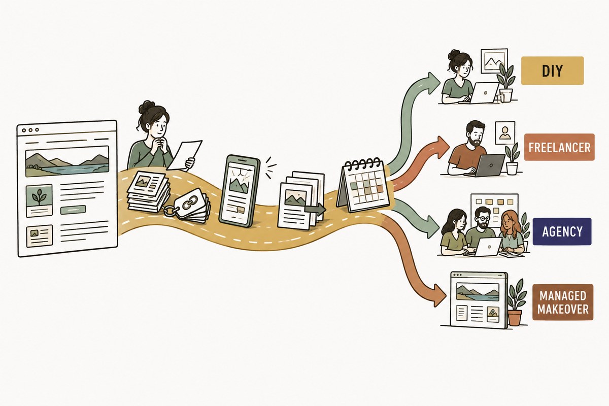 Answers about editability, preserved content, links, technical problems, content movement, and owner time lead a small business website project toward DIY, freelancer, agency, or managed makeover.
