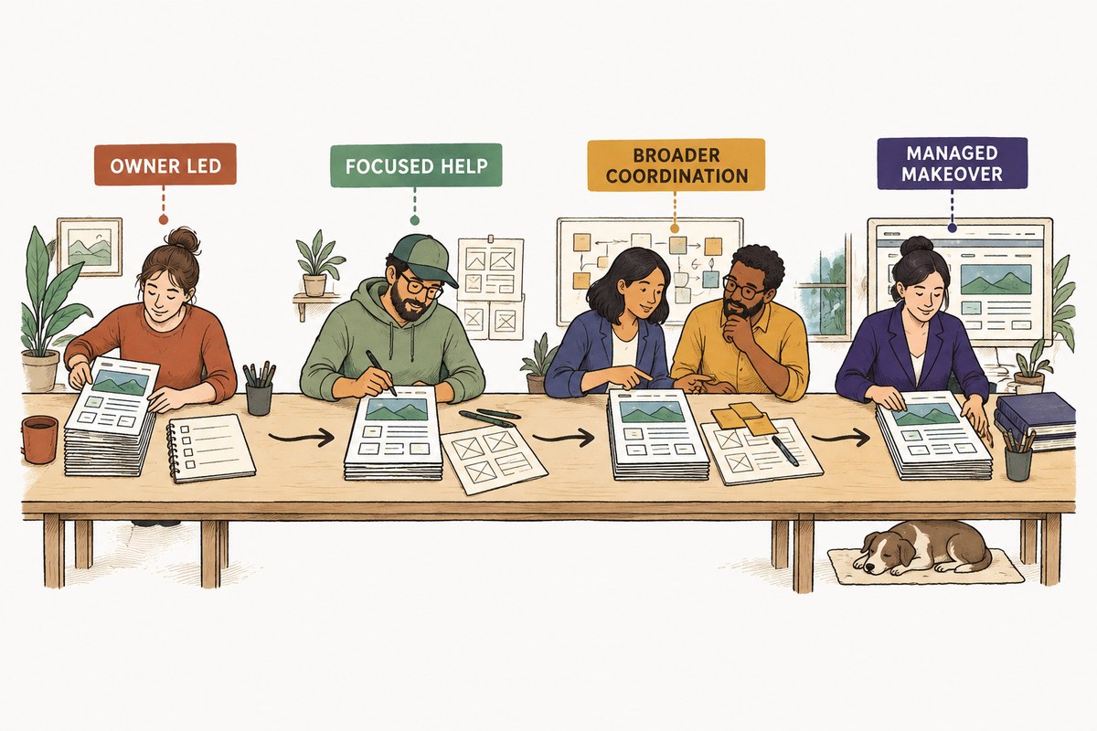 A small business website redesign moves through four work routes while planning, content, feedback, testing, and risk remain visibly closer to either the owner or the hired team.