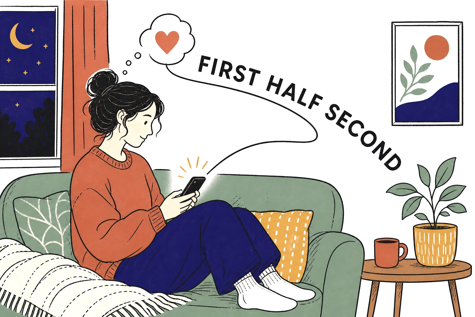 Illustration: a person on a couch glancing at a phone at night, a soft arc showing a gut feeling forming before any reading happens