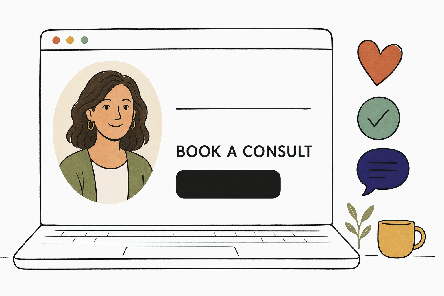 Illustration: a calm homepage with a warm photo of a real therapist, a plain sentence about who they help, and one clear book a consult button