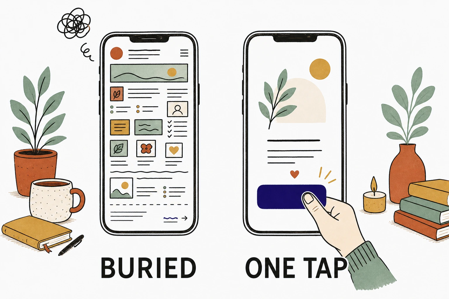 Illustration: two phones side by side, one with a buried tiny contact link, one with a large book a consult button reachable by the thumb