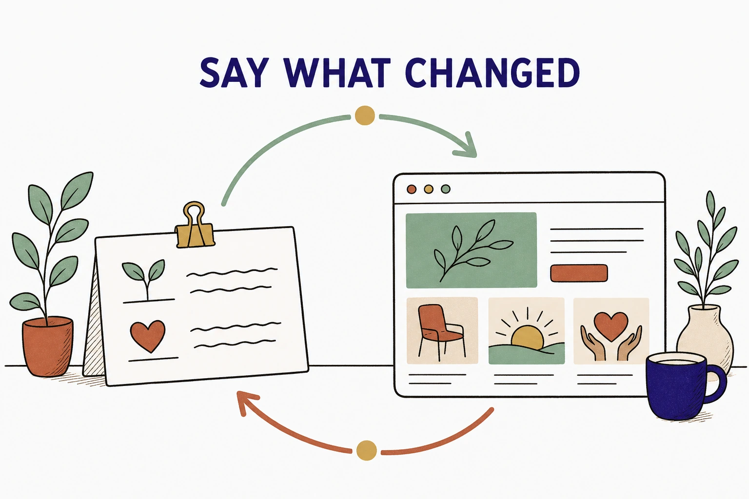 Illustration: a simple cycle carrying a real change in the practice, like a new fee or a new specialty, over to a tidy website window