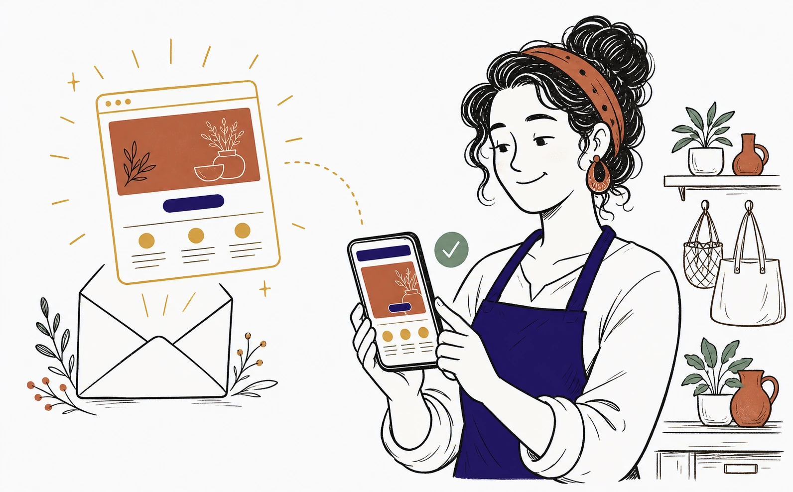 Storybook illustration of a small business owner holding a phone that shows a fresh, warm website homepage, with a calm smile, an envelope opening beside them releasing a small glowing browser window.