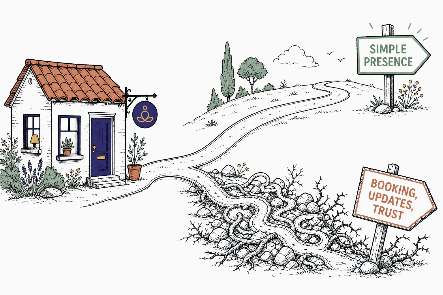 Illustration: a single ink path from a small therapy office splitting into two roads, one calm sign reading simple presence and one tangled sign reading booking updates trust