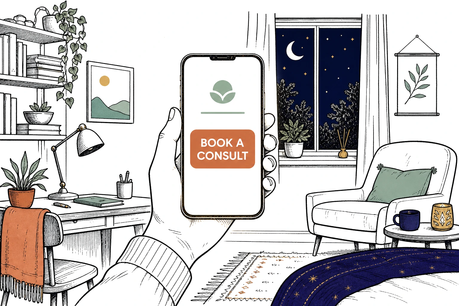 Illustration: a small lit phone at night showing a calm therapy homepage with one clear book a consult button, a quiet room drawn around it