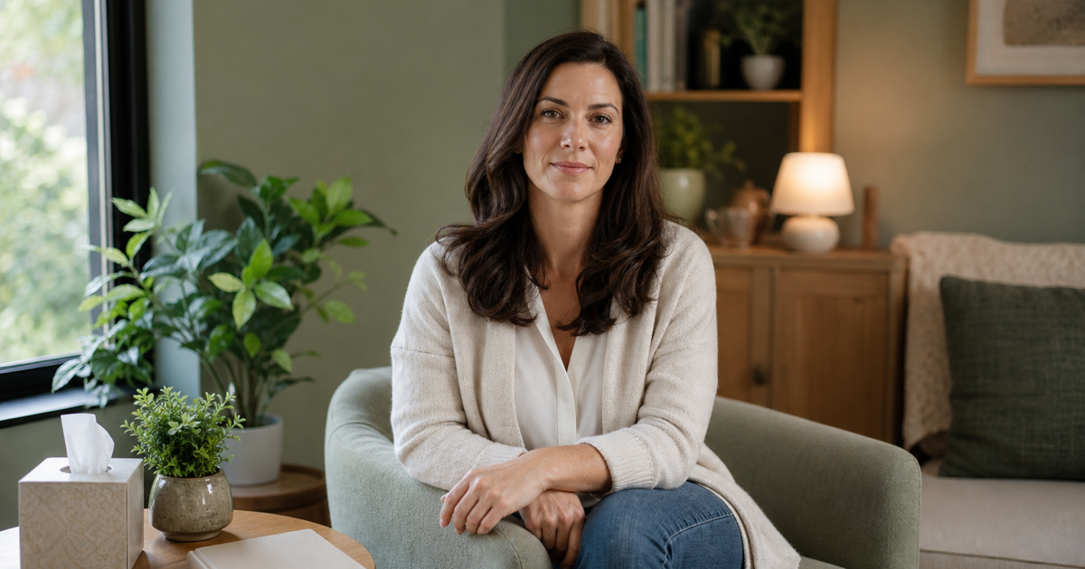 Therapist looking calmly at the viewer in a warm consultation room with blank intake materials nearby.