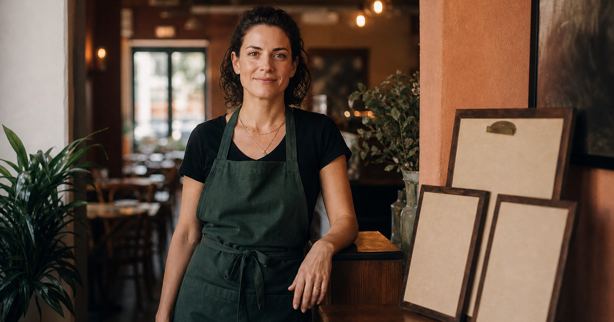 Restaurant owner looking calmly at the viewer inside a warm cafe with blank menu boards nearby.