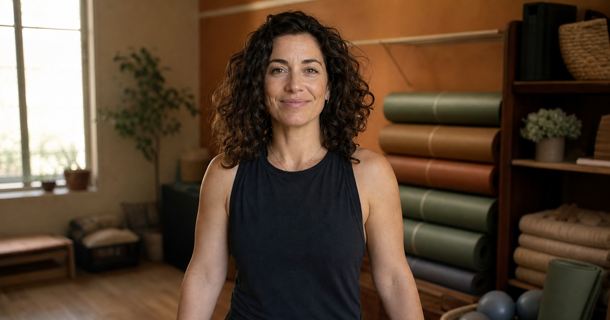 Fitness studio coach looking calmly at the viewer in a warm training room with blank intake materials nearby.