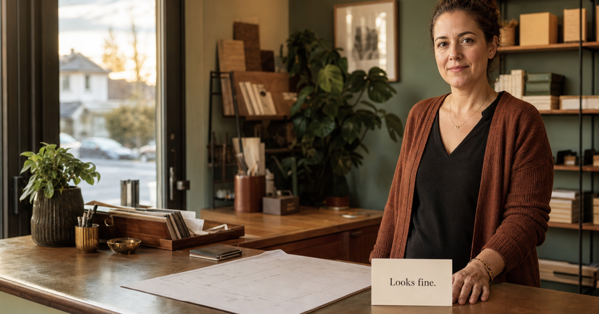 Small business owner looking at the viewer beside a card that says Looks fine.