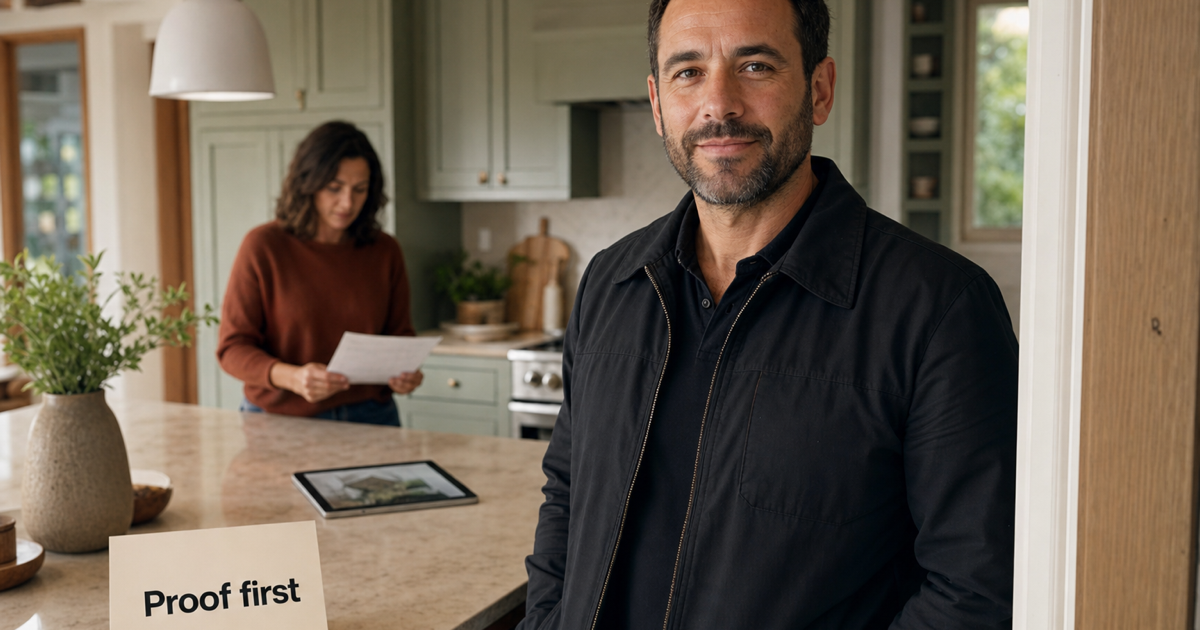 A contractor stands confidently in a remodeled kitchen while a homeowner reviews project papers in the background.